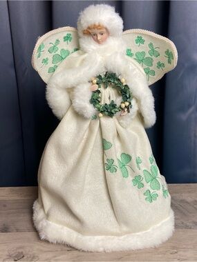 Irish Christmas Angel White Dress Green Shamrock w/ Coat with Fur Trim Tree‎ Top